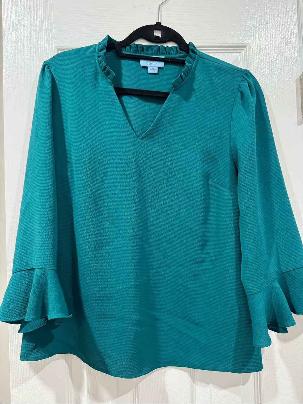 CeCe Teal Ruffle V-Neck Blouse